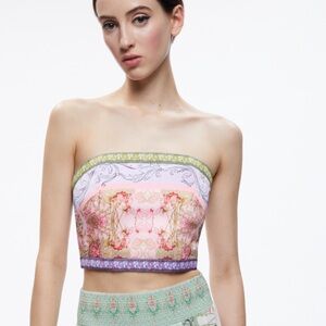 Alice + Olivia Ceresi Smocked Back Bandeau Top Floral Fest Crop Top Size 0
